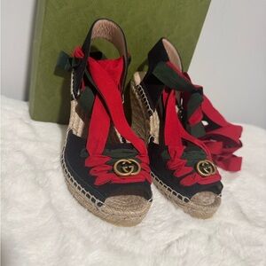 Gucci Black and Red Espadrille Wedge Sandals